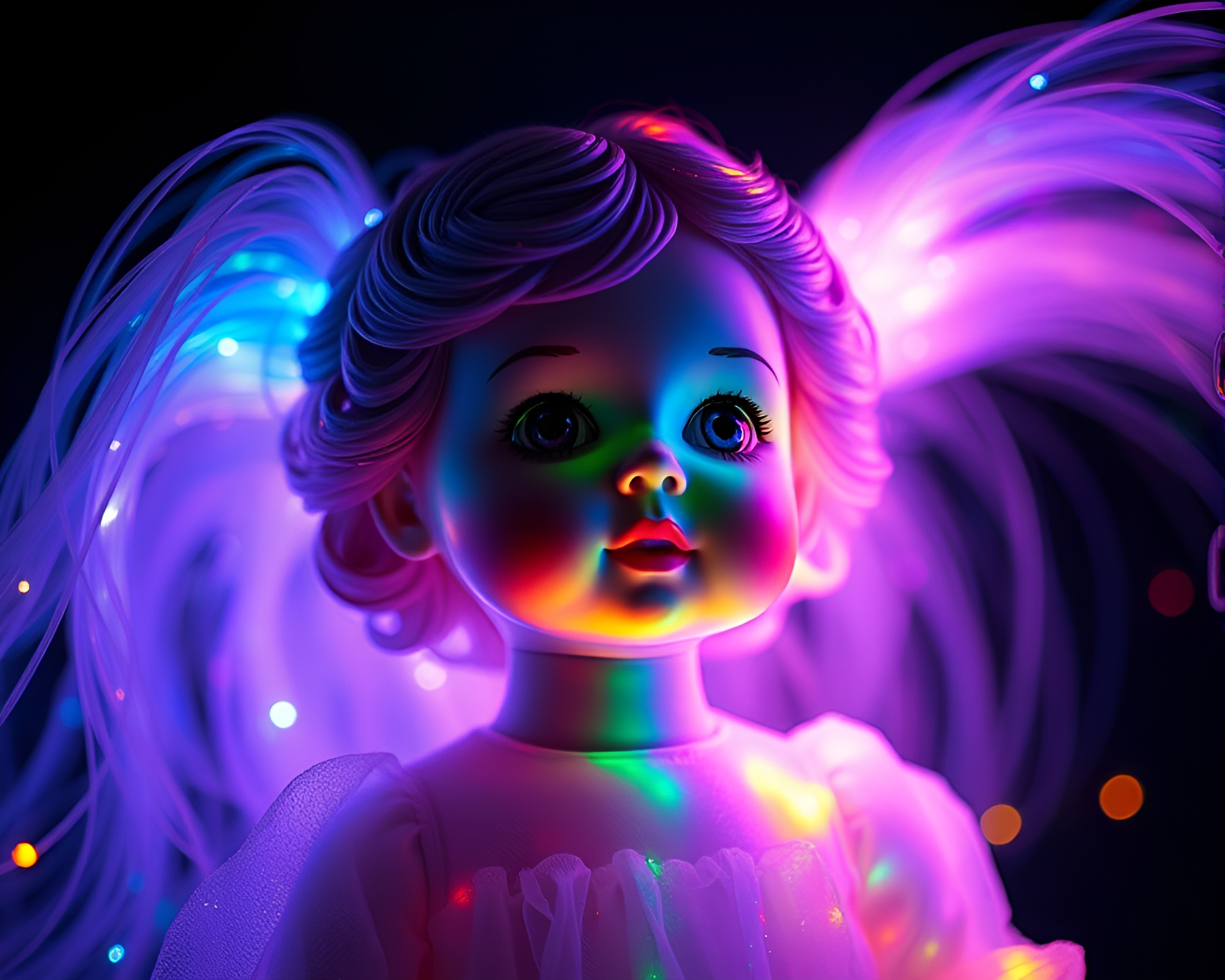 Cosmic Rainbow Porcelain Doll Amid Fiber Optics – free AI stock image