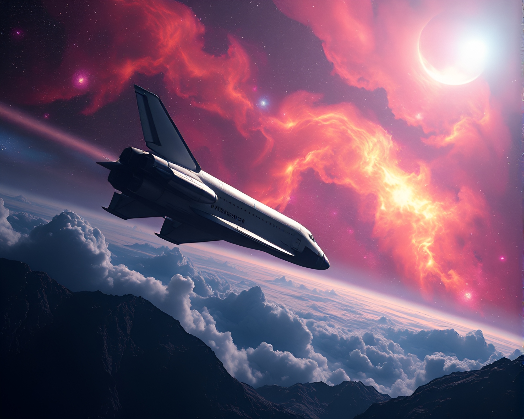 Majestic Space Shuttle Soaring Through Cosmic Nebula Hues – free AI stock image