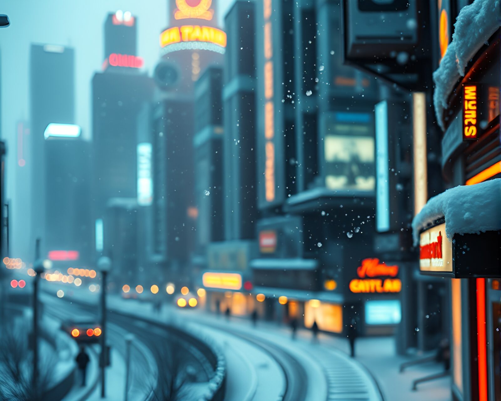 Macro detail of a futuristic city landscape covered in snow