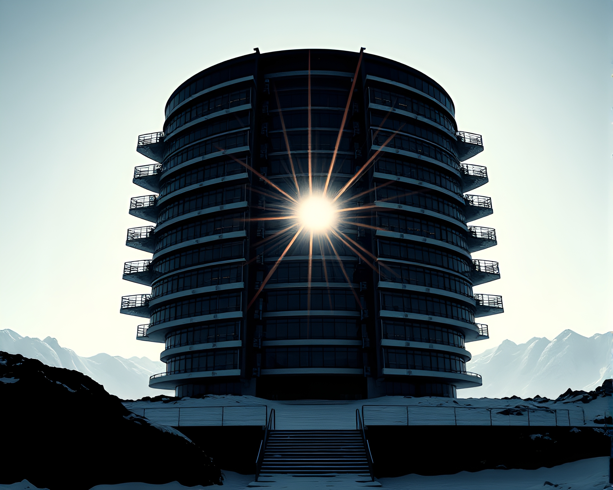 Sunburst over Antarctic Brutalist Structure – free AI stock image