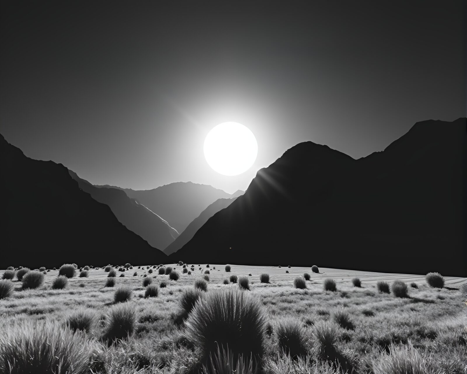 High-contrast noir sunlight in an origami valley landscape