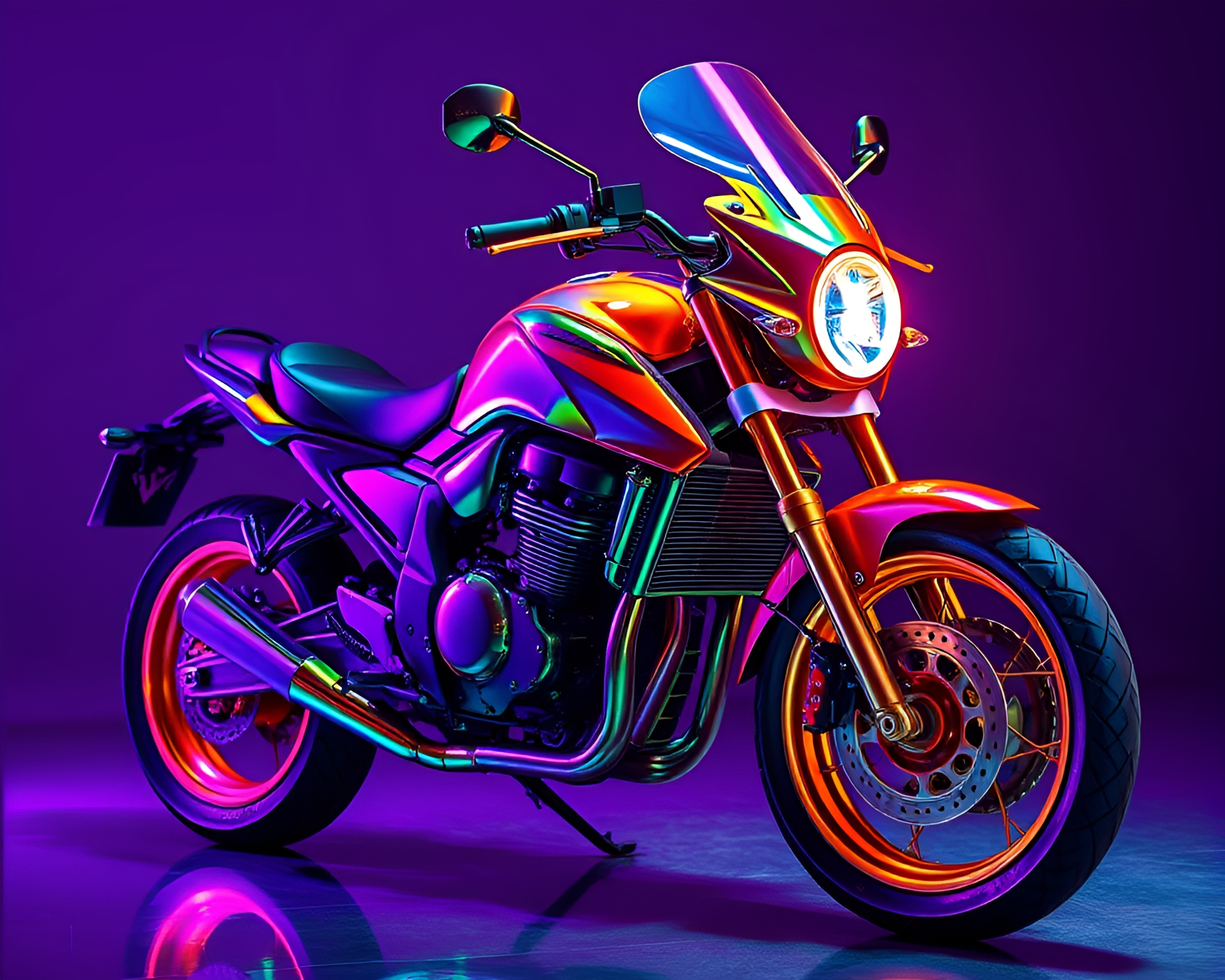 Neon Motorcycle Soaring Through Iridescent Twilight Soap Film – free AI stock image
