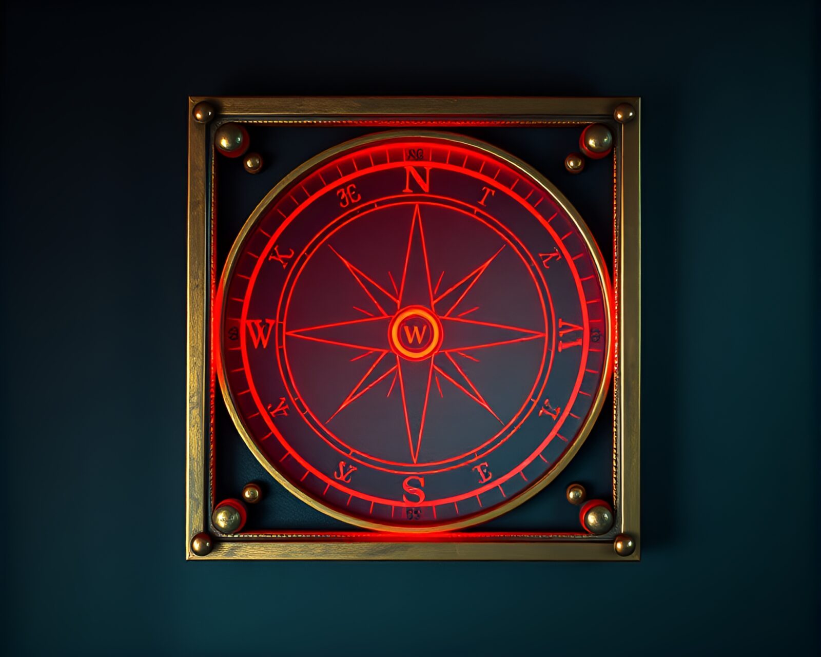 Vintage compass glowing in fiery holographic frame