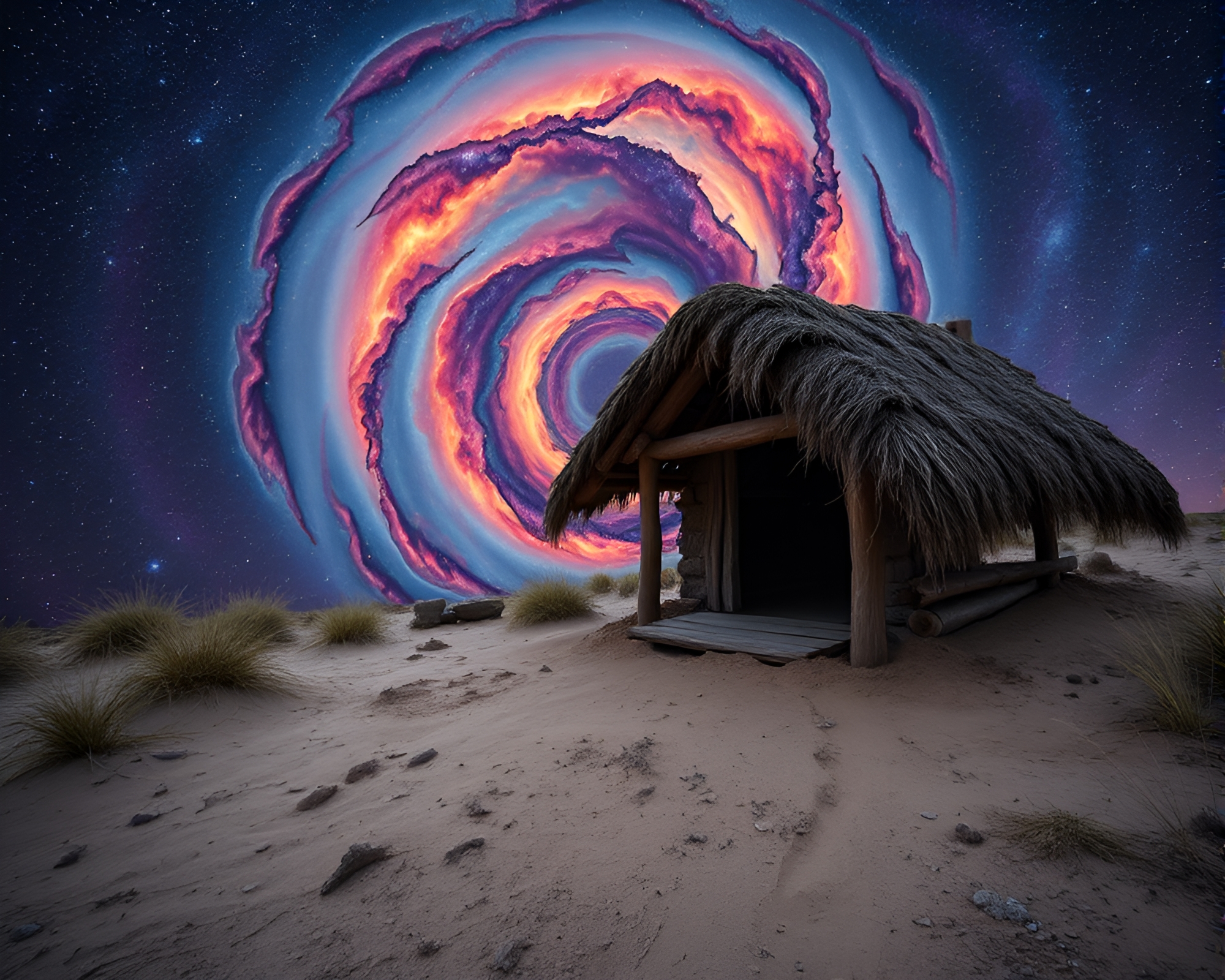 Mud hut vortex twist in cosmic colors – free AI stock image