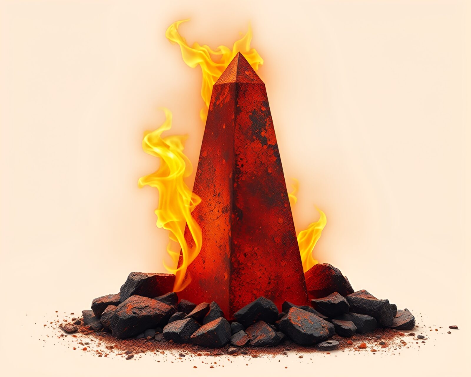Fashion illustration of a rust-flaked obelisk in warm bonfire light