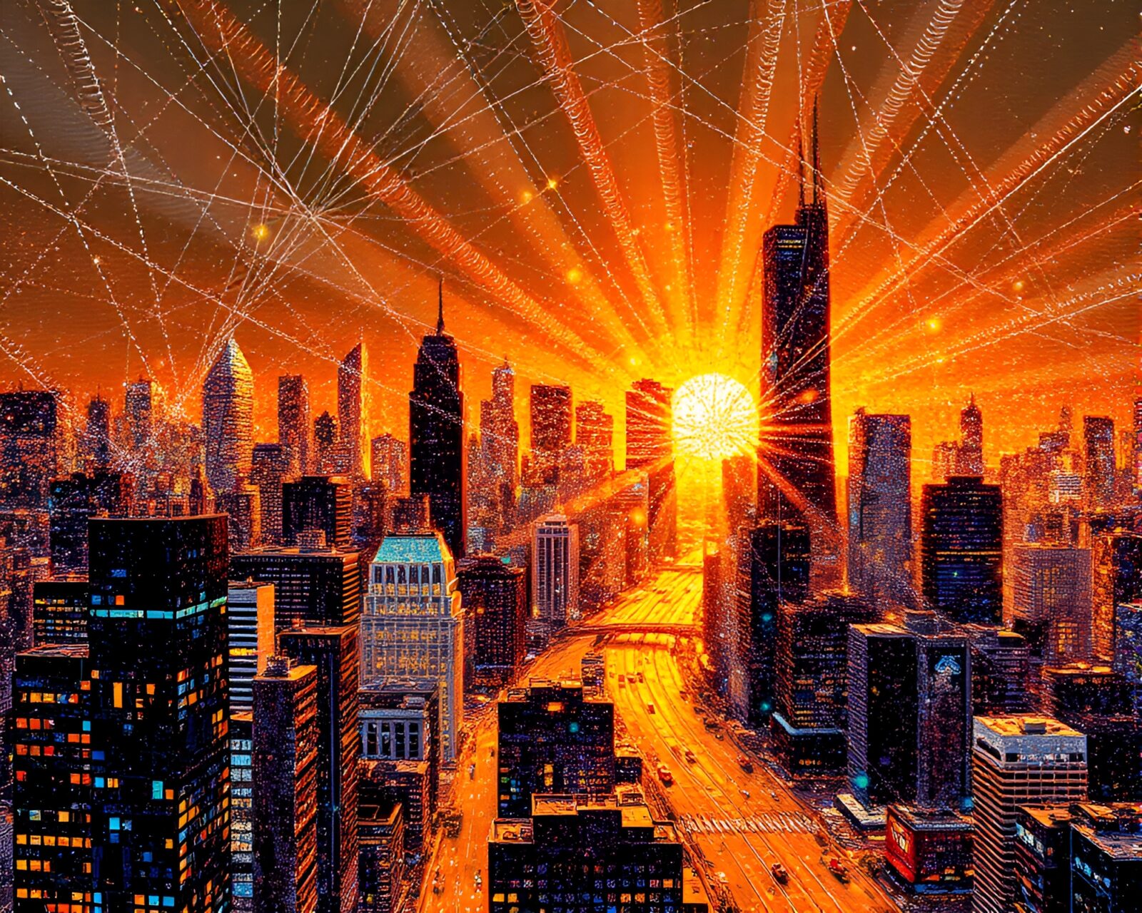 Sci-fi cityscape glowing under sunbeam rays in GAN art