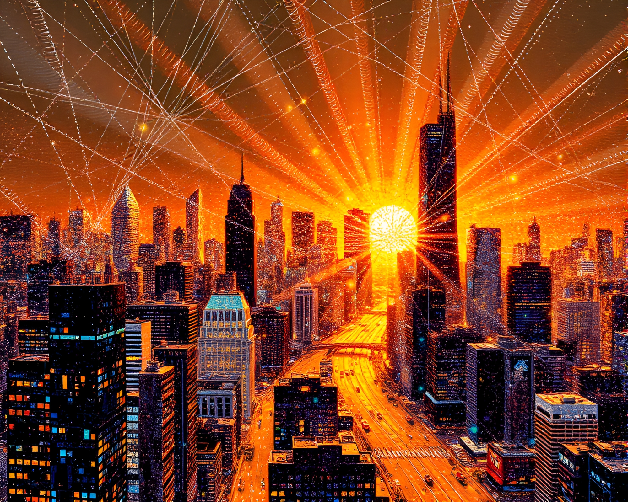Futuristic Cityscape: Sunbeam Ray Illumination – free AI stock image
