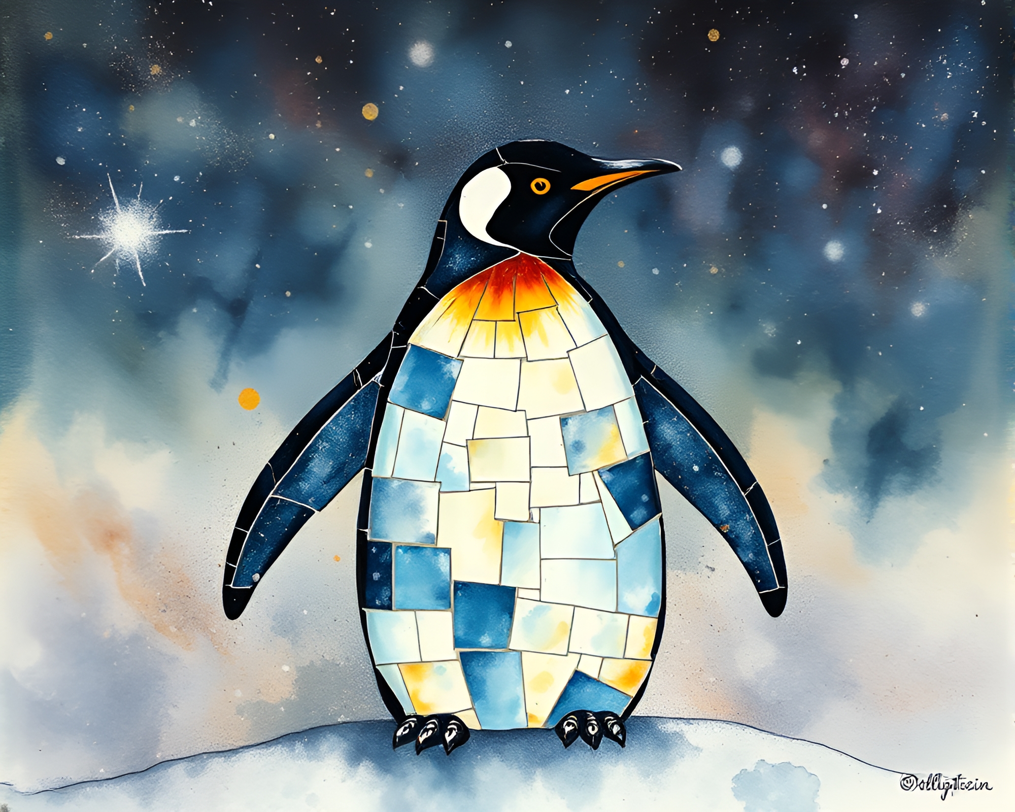 Ethereal Penguin Nebula in Fragmented Ink Wash Mosaic – free AI stock image