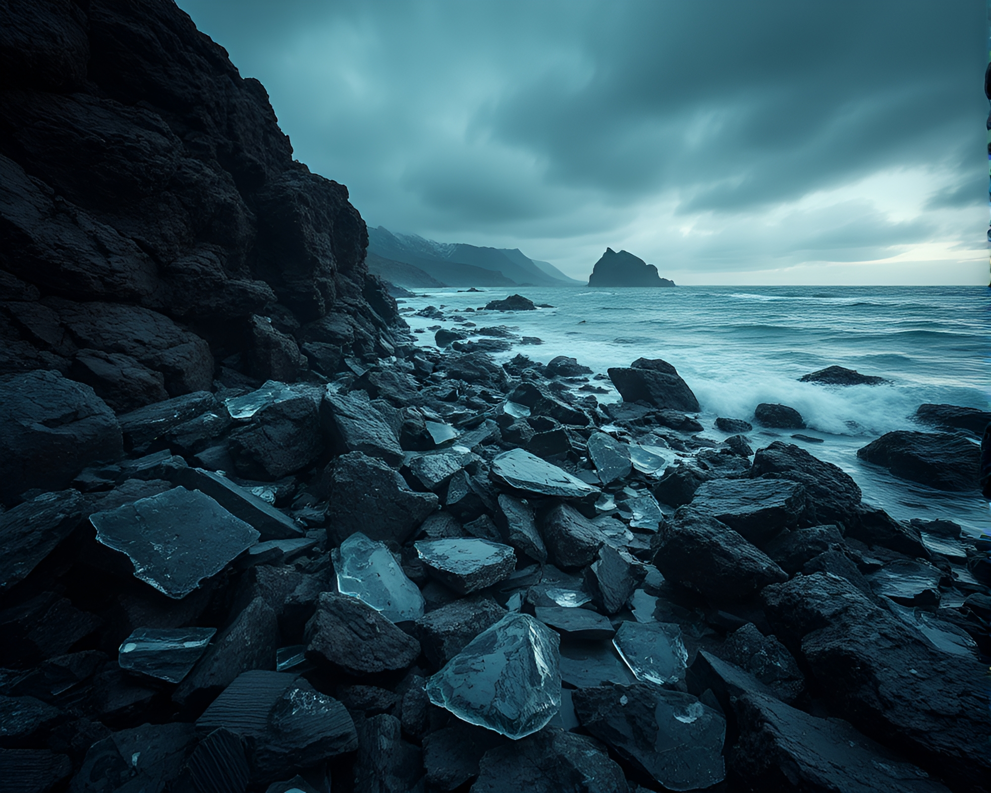 Shattered Glass on Rocky Coastline – free AI stock image