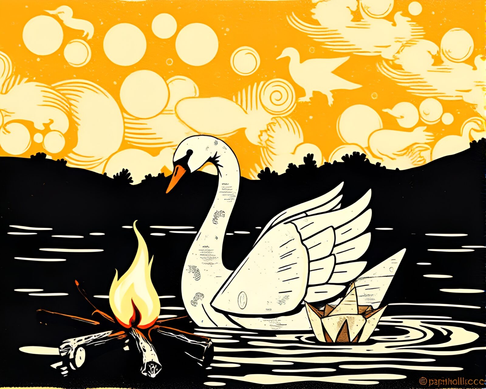Colorful linocut origami swan glowing in bonfire HDR tones