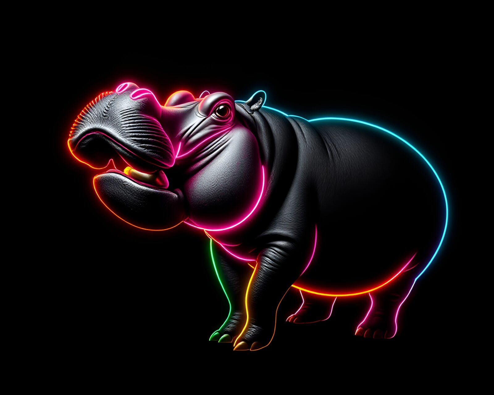 Vibrant neon hippo amidst stark black and white backdrop