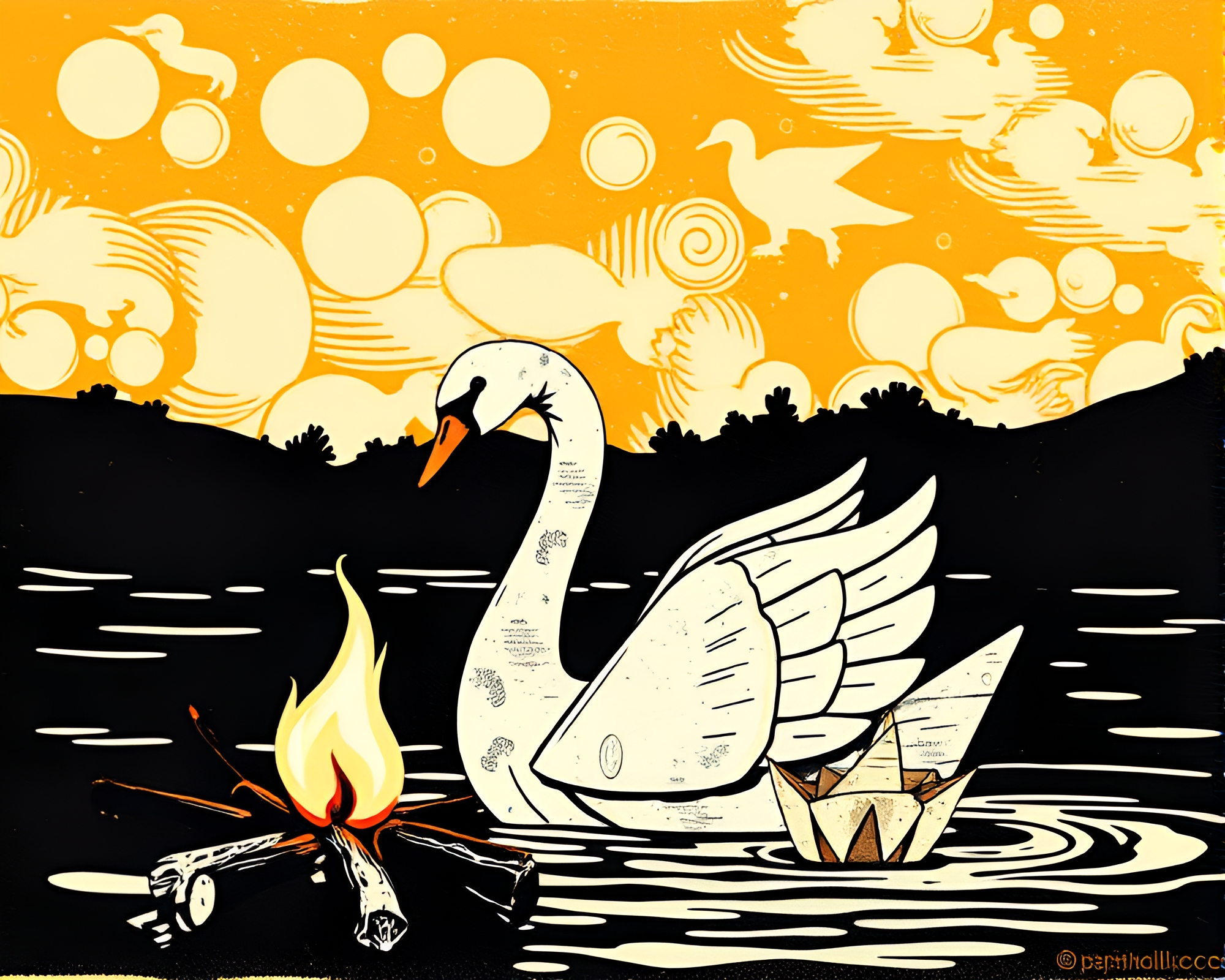 Origami Swan by Bonfire Light Linocut Textures HDR – free AI stock image
