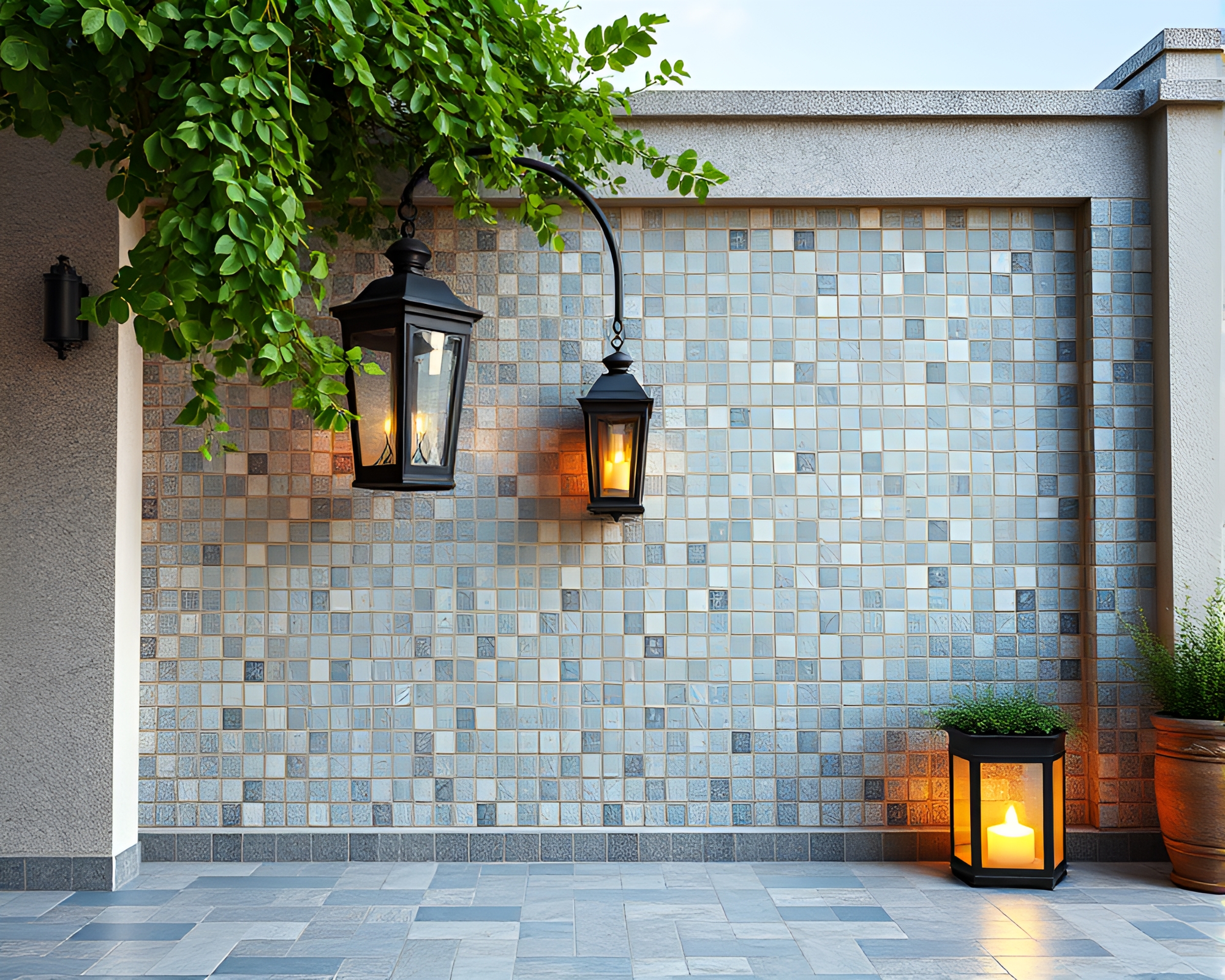 Mosaic Oil Lantern Illuminating Architectural Fantasy – free AI stock image