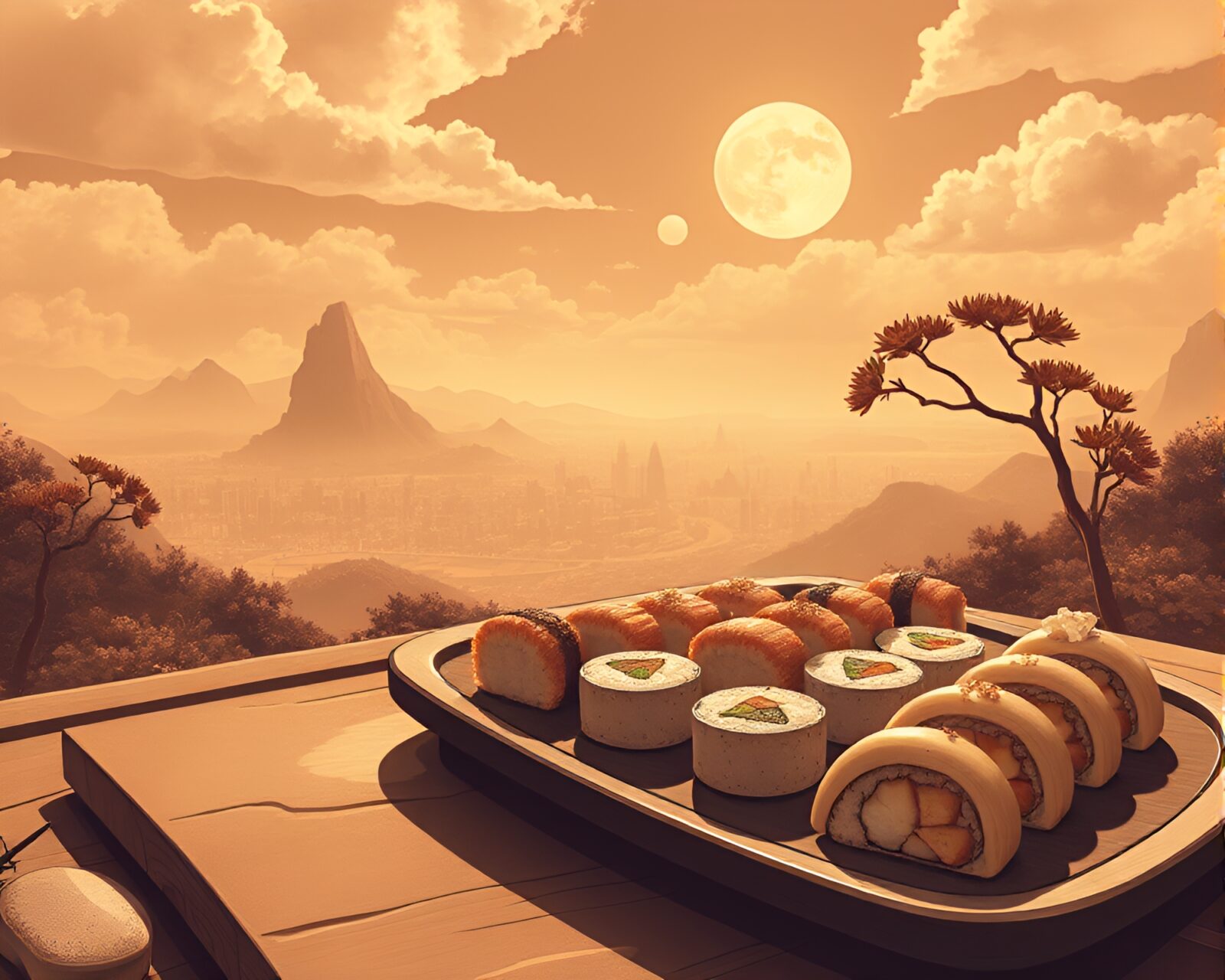 Panoramic view of a magical sushi platter in sepia tones