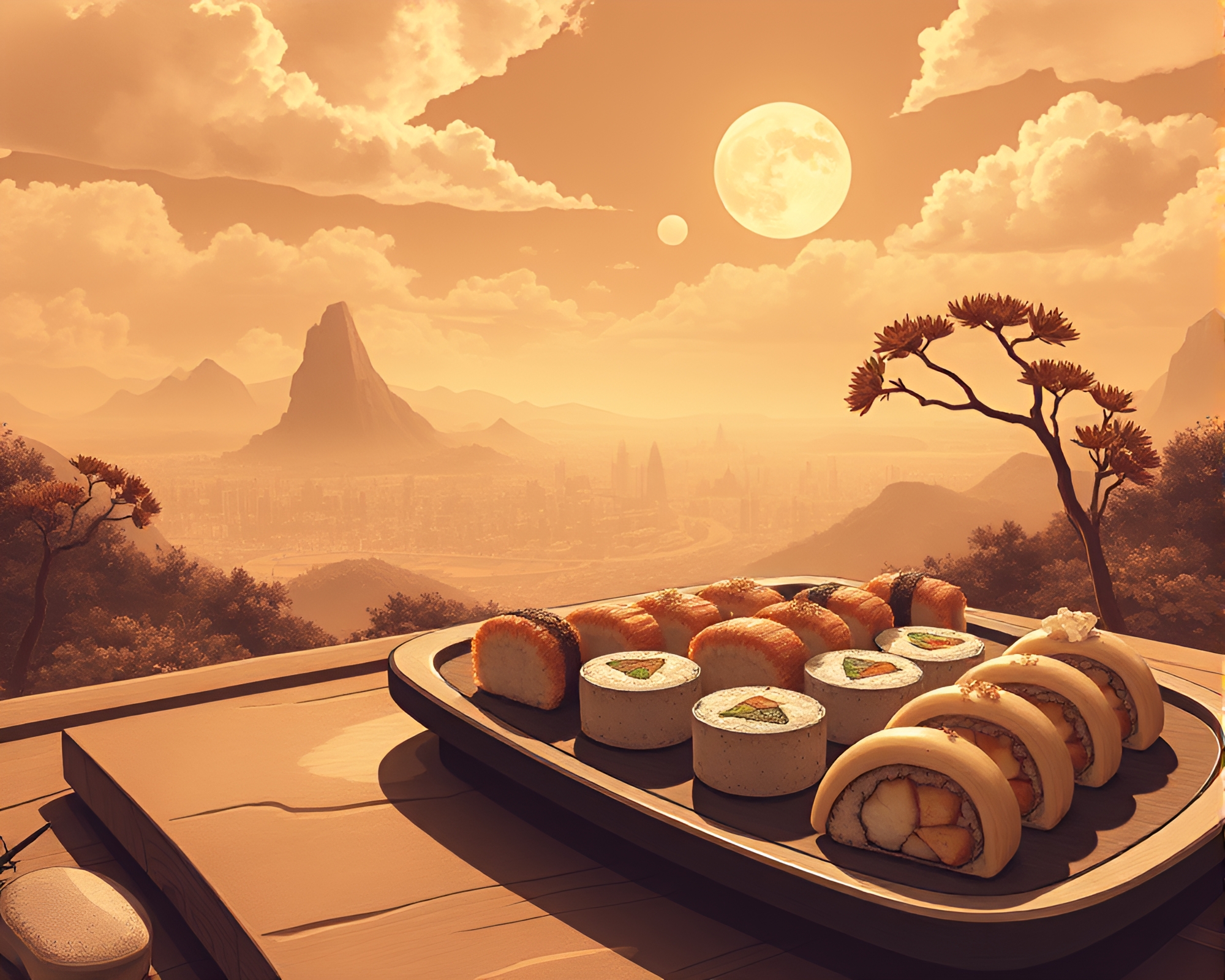 Fantasy Sushi Feast in Sepia Panorama – free AI stock image