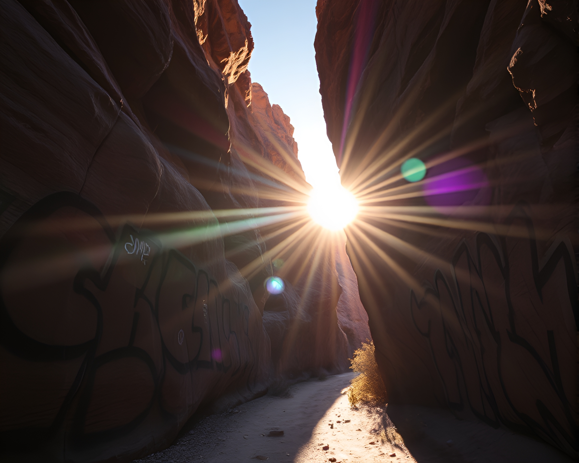 Graffiti Drips in Canyon’s Warm Lens Flare Glow – free AI stock image