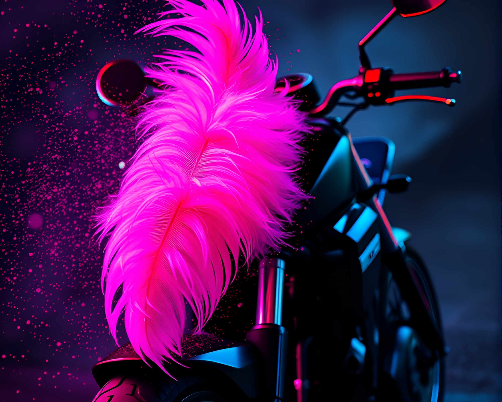 Vibrant Neon Motorcycle Feather Dusting in Glitch Colors – free AI stock image