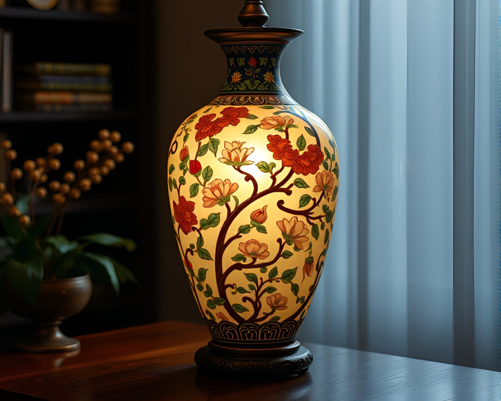 A stunning image of a cloisonné vase surrounded by Fibonacci spiral composition under a warm library lamp glow.