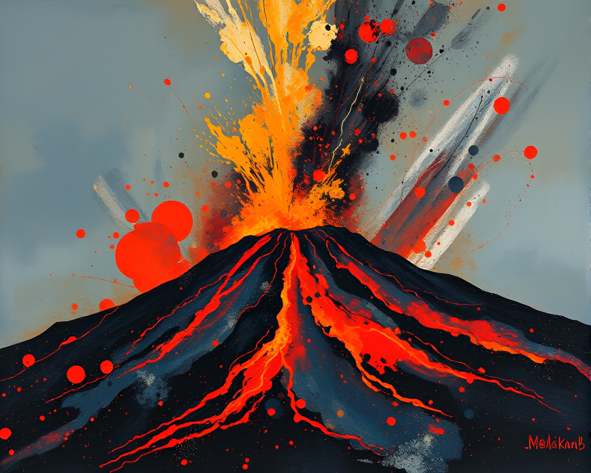 Fiery Acrylic Spatters: Volcanic Eruption Art – free AI stock image