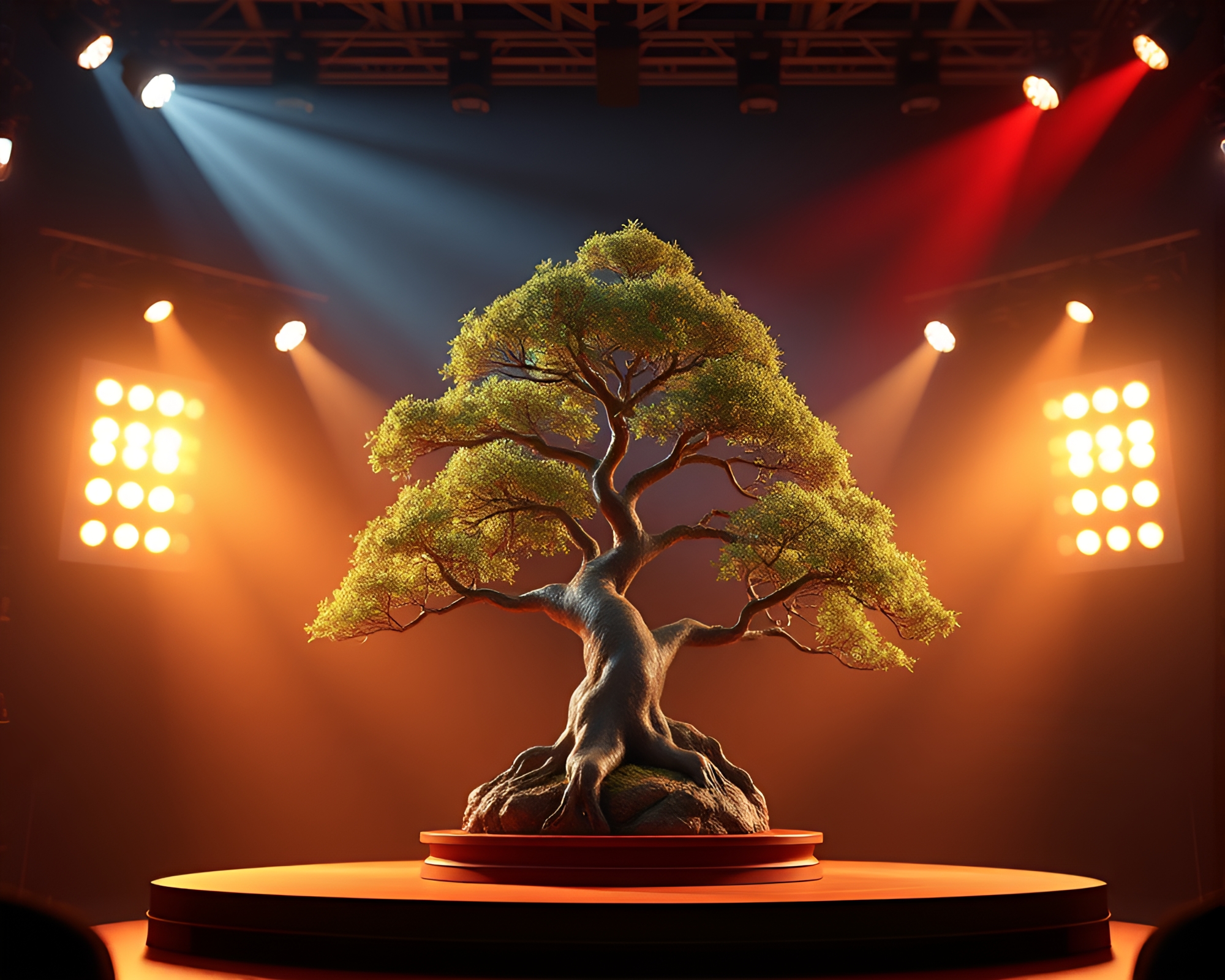 Bonsai Tree Concert Stage Lights 3D Render – free AI stock image