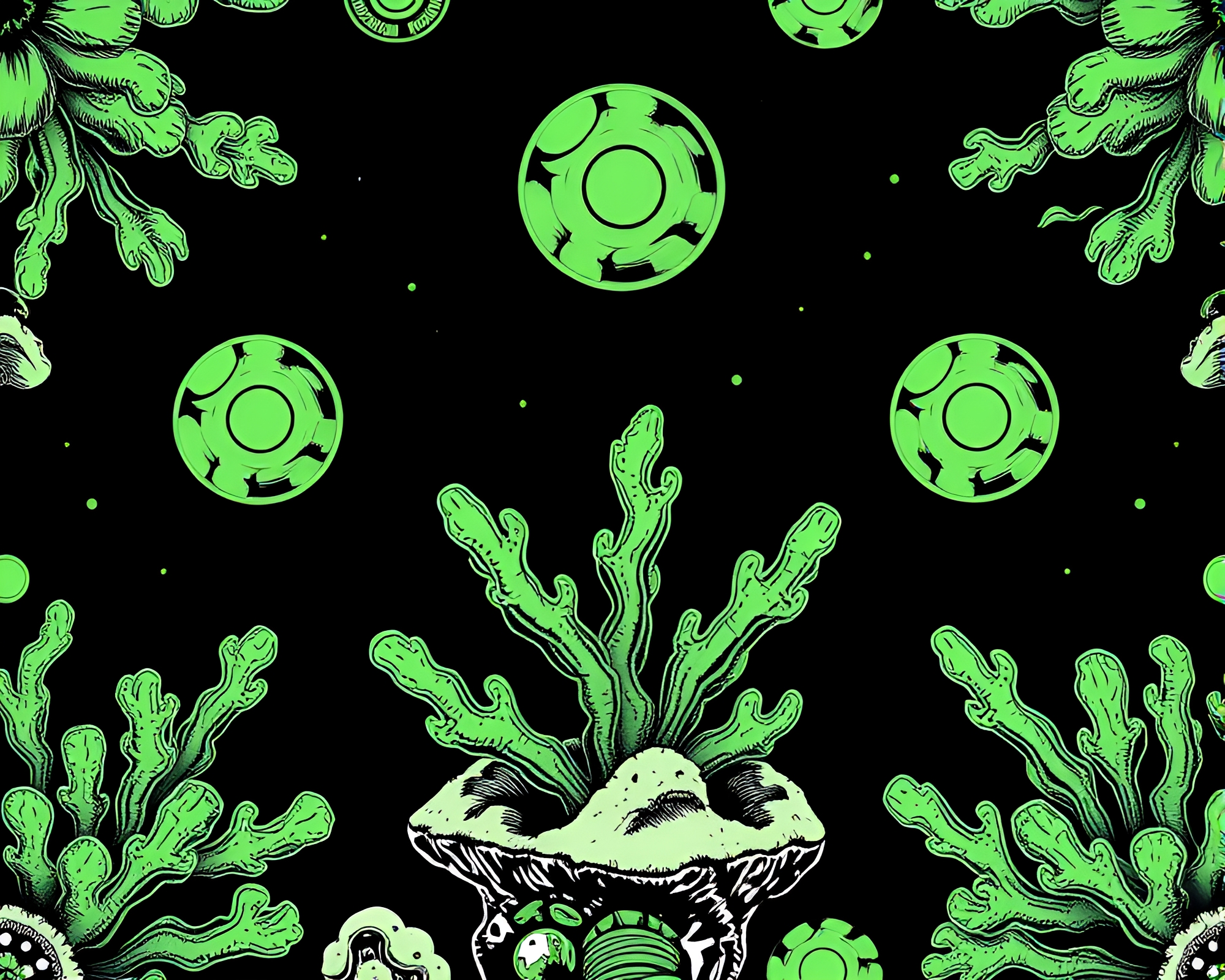 Monochrome Green Cyberpunk Coral Atoll Stitched Pattern – free AI stock image