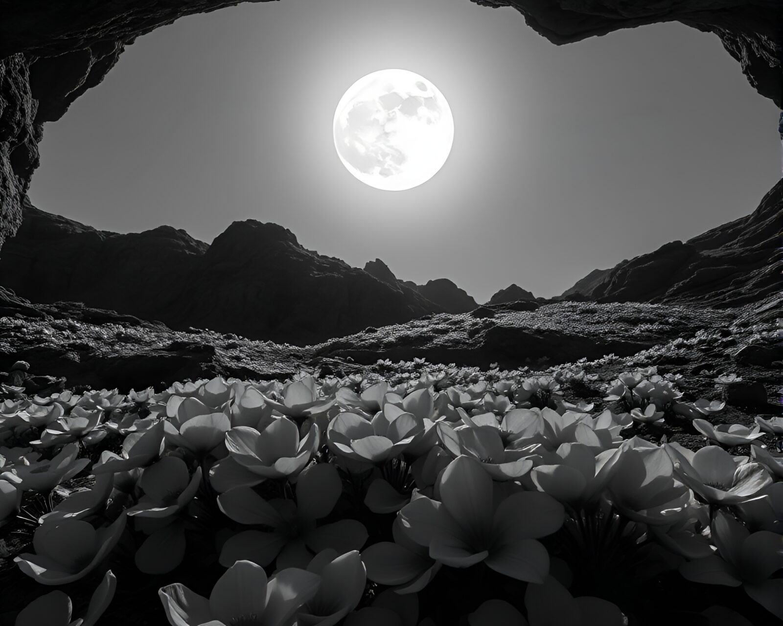 Serene lunar grayscale glacial cave with floral compositions.