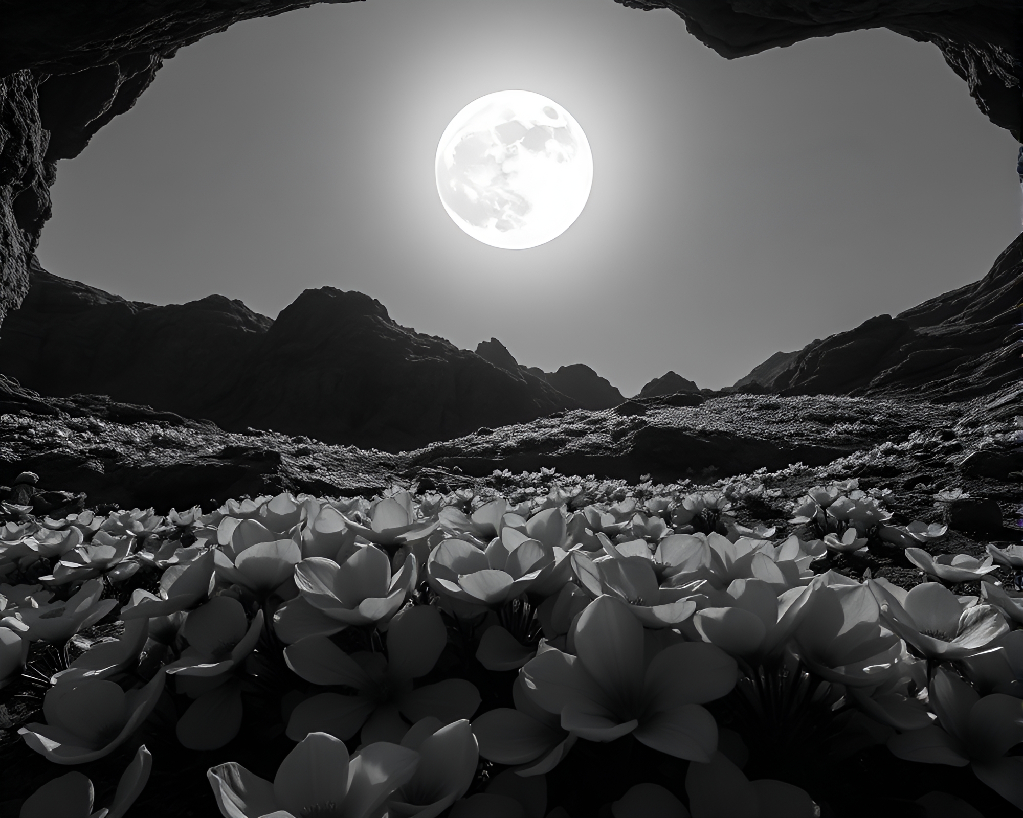 Glacial Moonlight: Utopian Floral Cave – free AI stock image