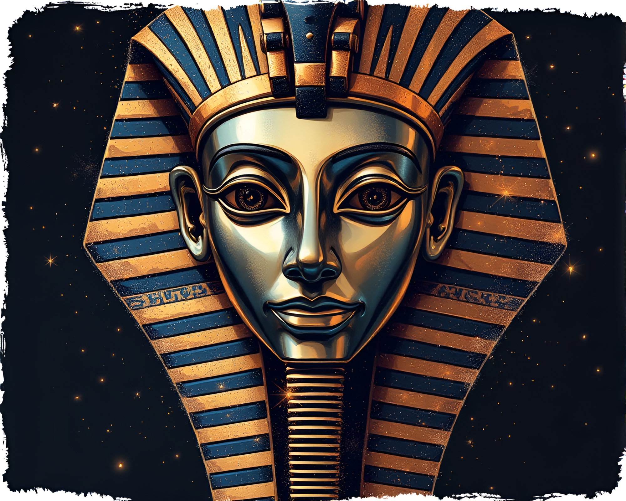 Golden Pharaoh Mask: Torn Elegance with Stardust Glow – free AI stock image