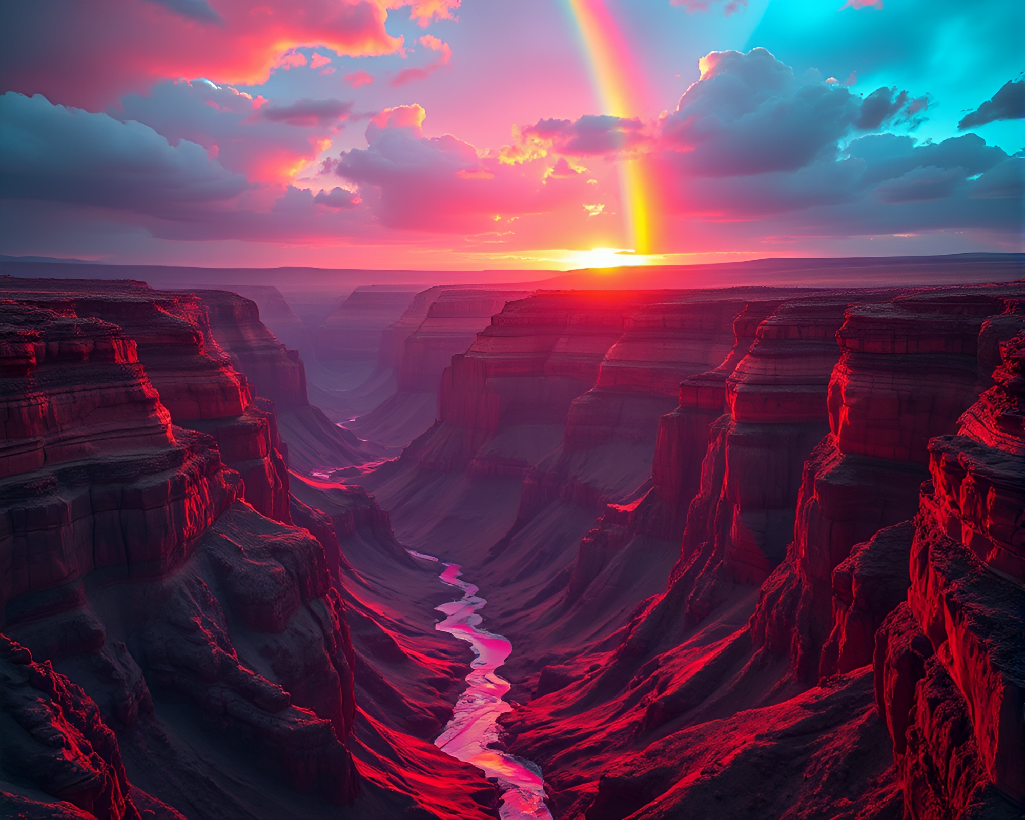 Voxel Art Canyon: Oil Slick Rainbow Infrared Glow – free AI stock image