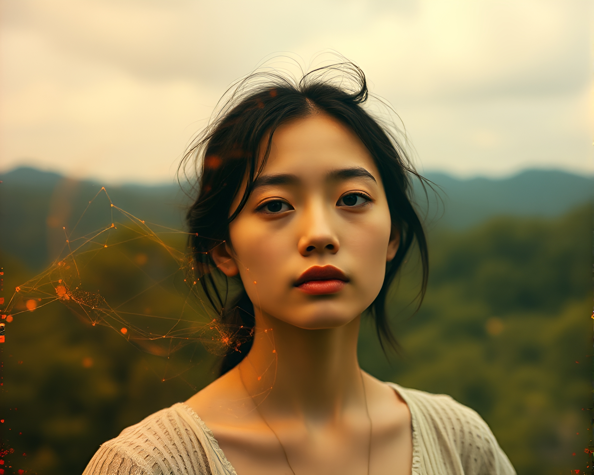 Dreamy Environmental Portrait with Generative Art Treatment – free AI stock image