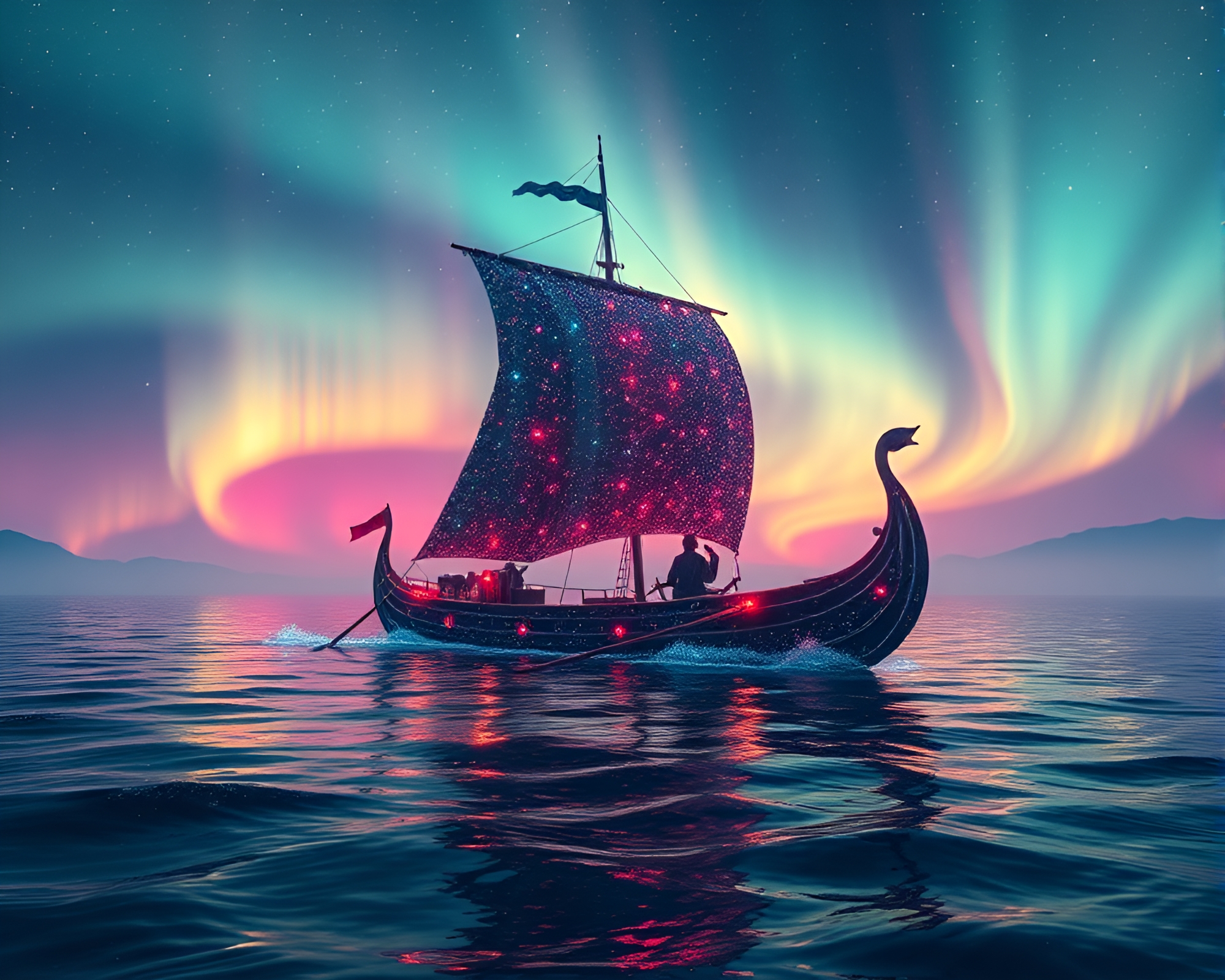 Viking Longship Hologram Glowing in Aurora Sky – free AI stock image
