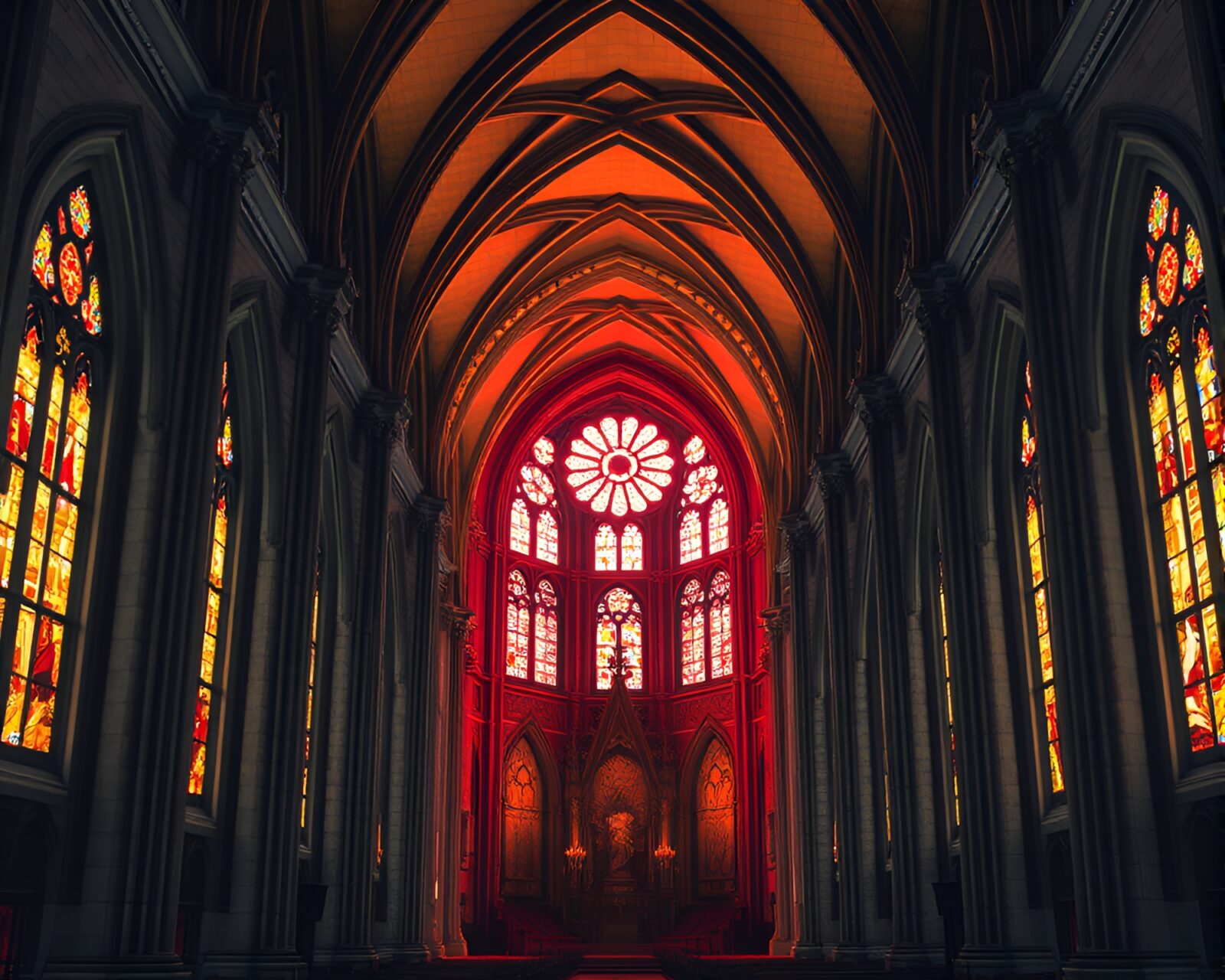 Brightly lit stained glass cathedral portal to other worlds