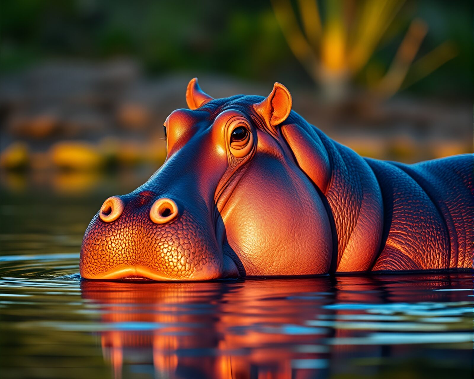 A stunning image of a hippopotamus with cobalt blue accents under warm golden hour lighting