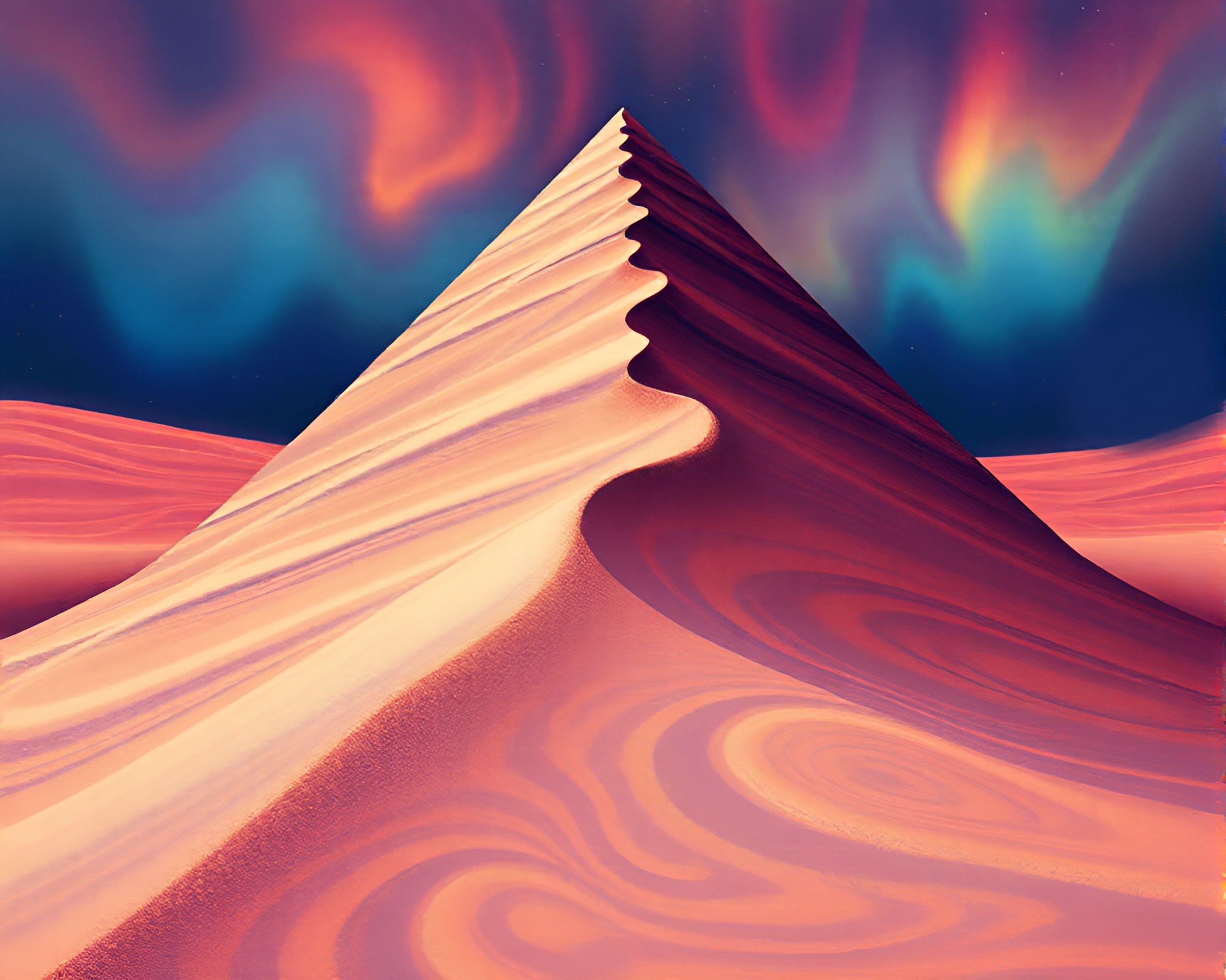 Aurora Swirls in Pyramid Sandscape – free AI stock image