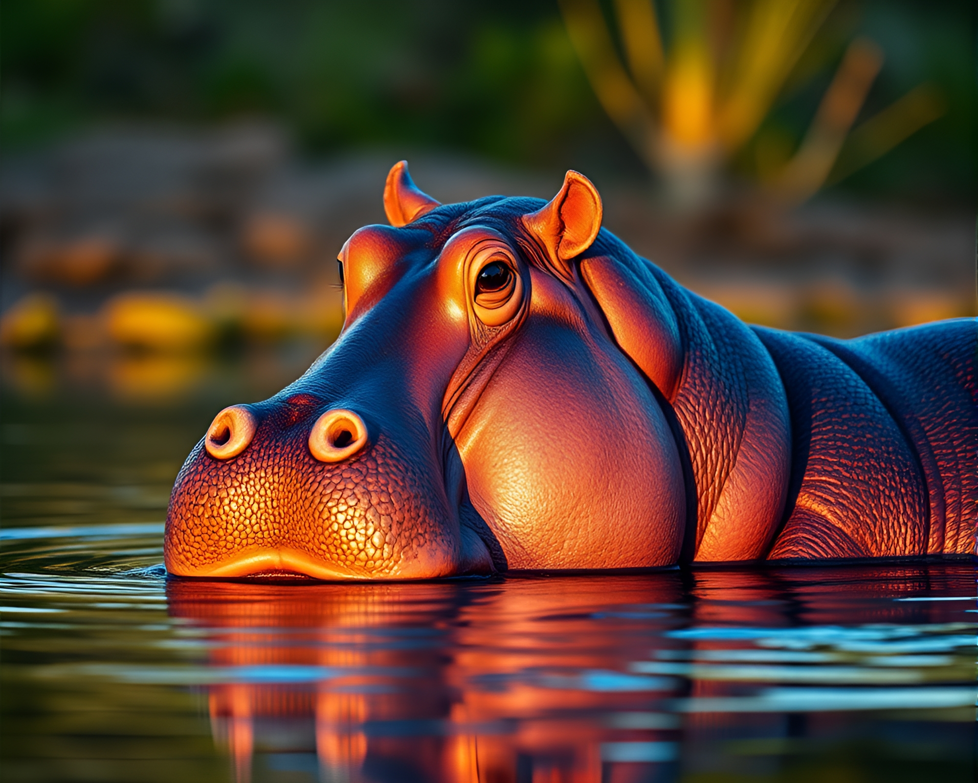 Mesmerizing Hippopotamus Portrait in Golden Hour Focus Stacking – free AI stock image