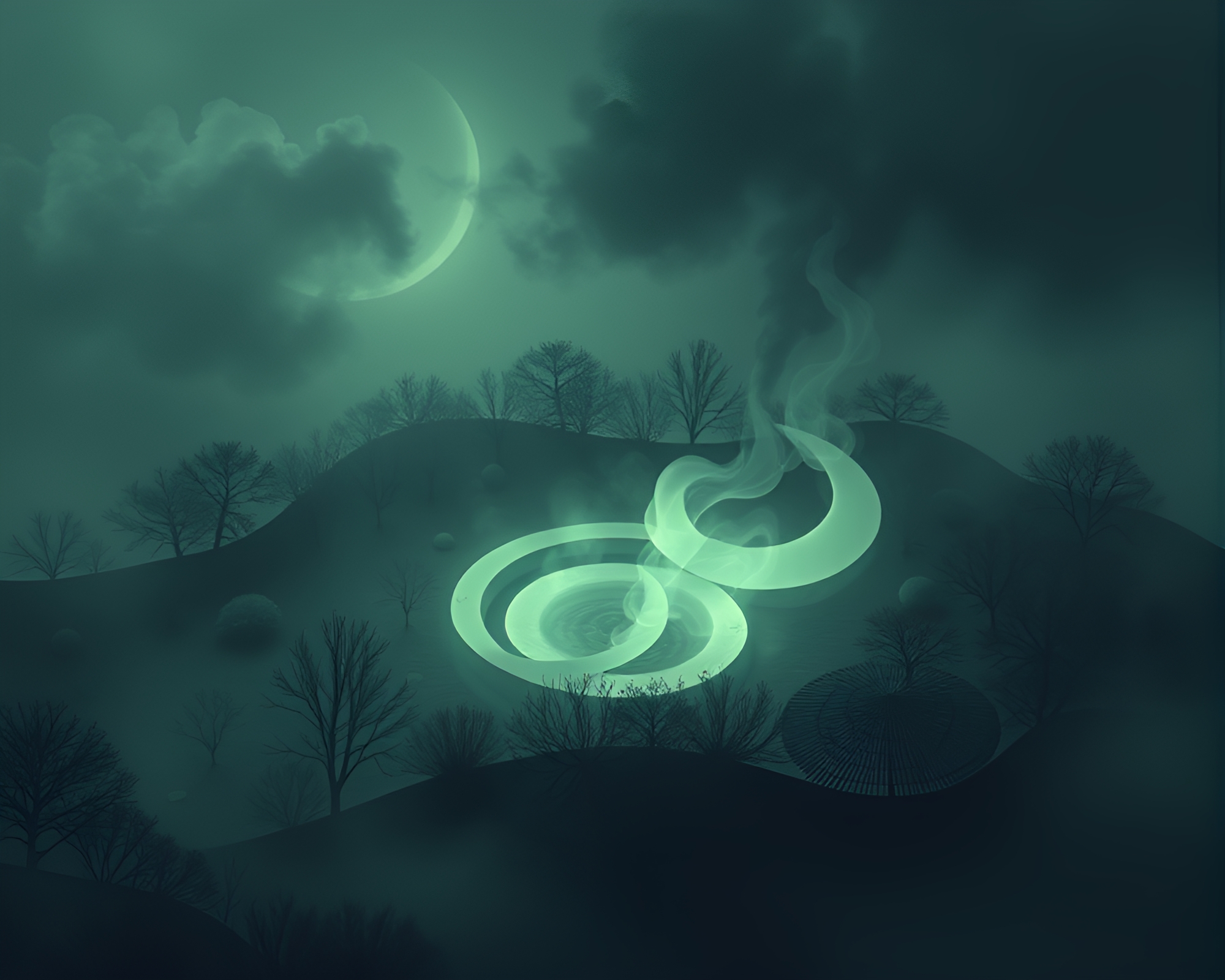 Isometric Oasis with Desaturated Smoke Rings – free AI stock image