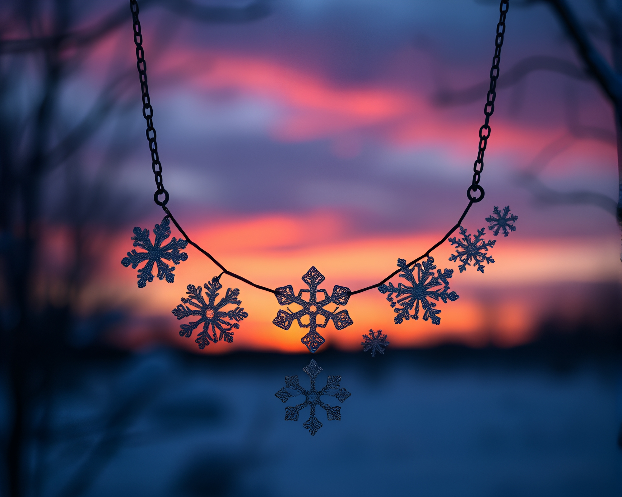 Snowflake Necklace Glisaille Sunset Scene – free AI stock image