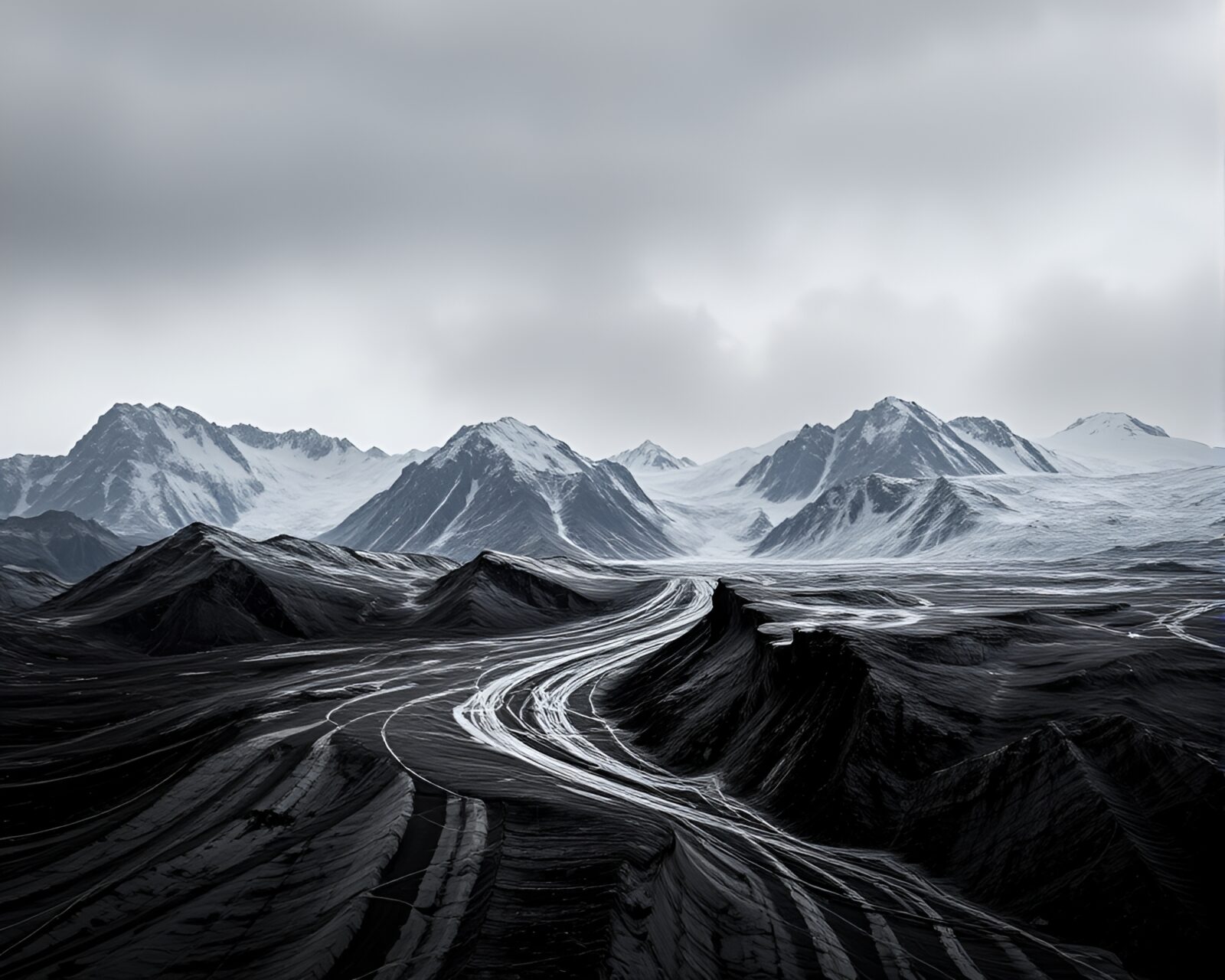 Photorealistic glacier with grid overlay in charcoal black tones