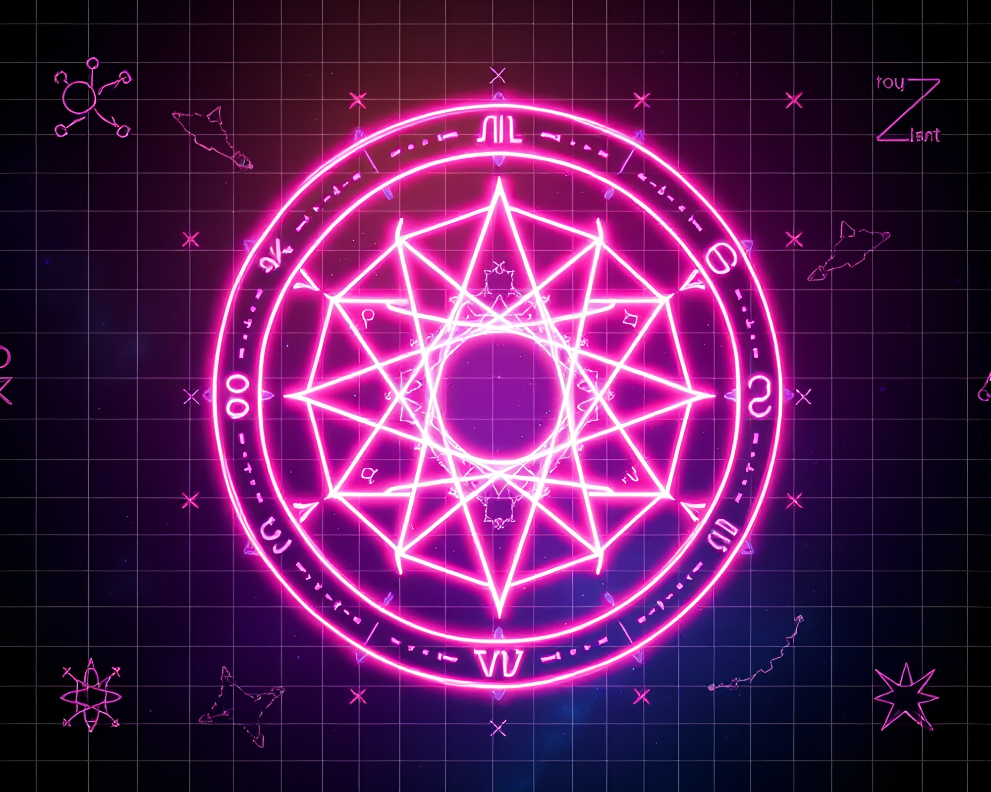 Neon Alchemical Cubism: Grid Overlay Fantasy – free AI stock image