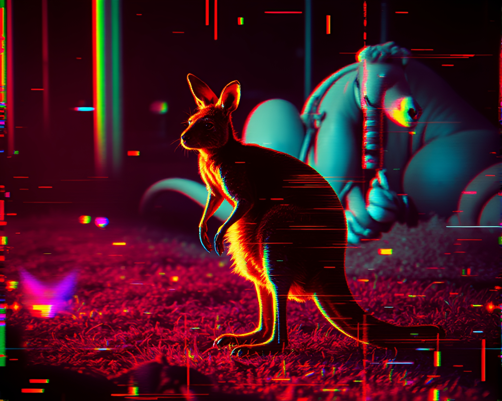 Retrowave Glitch Kangaroo Dancing in Topaz Aura – free AI stock image