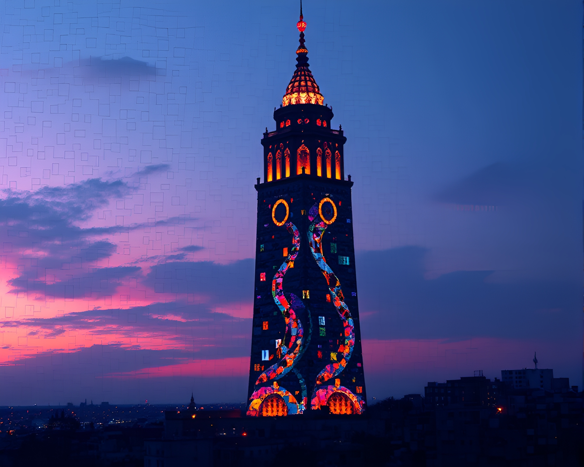 Twilight Tower: Holographic Fragmented Mosaic – free AI stock image