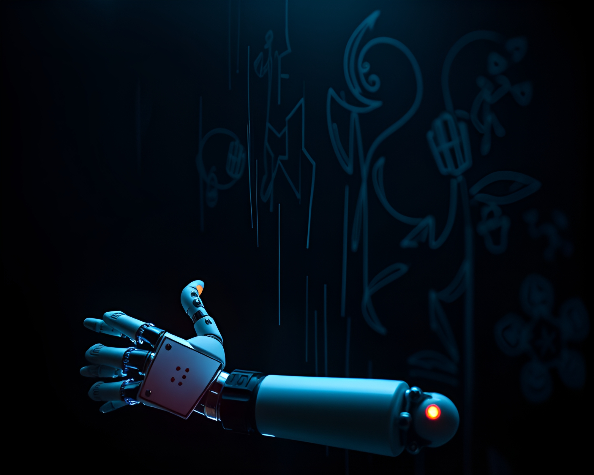 Robotic arm glowing in chalkboard drawing light – free AI stock image