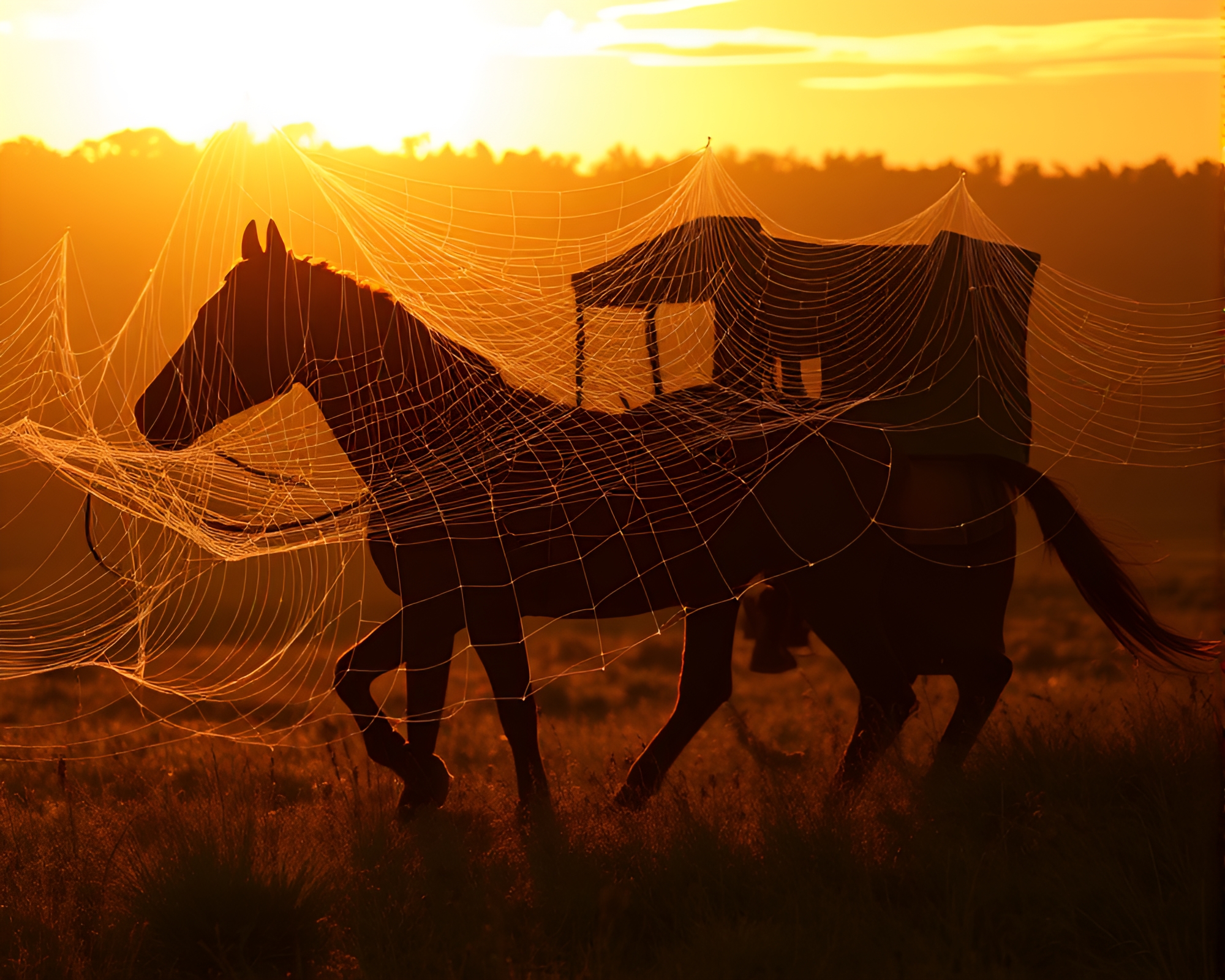 Stagecoach at dawn amidst cobweb strands – free AI stock image