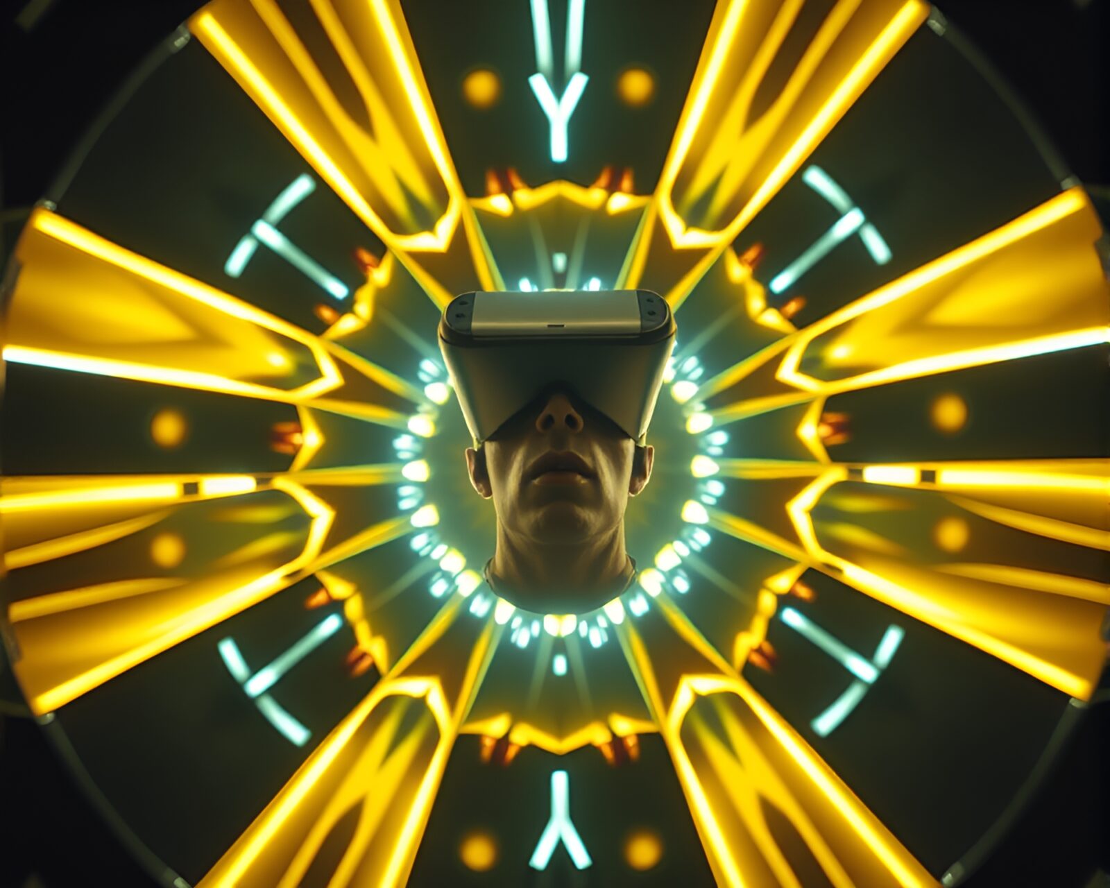Radial symmetrical virtual reality room in mustard yellow hue