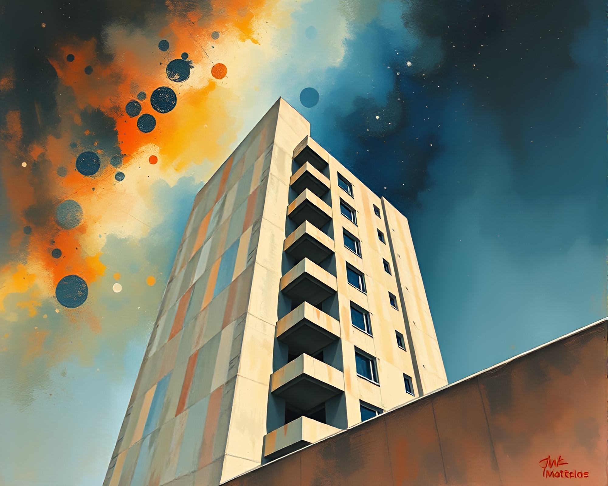 Cosmic Brutalist Wonderland: Gouache Architectural Dream – free AI stock image