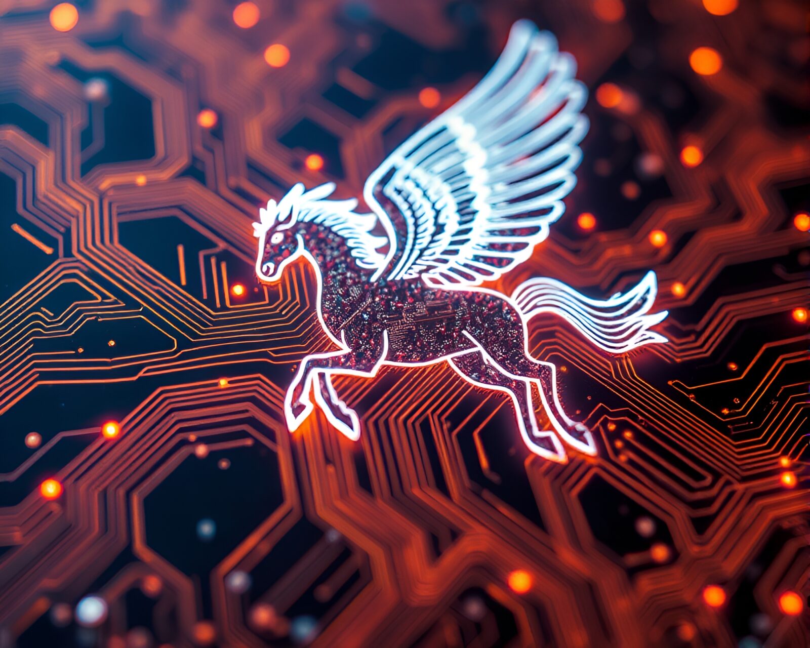 Digital artwork of a mythical Pegasus soaring over intricate circuitry