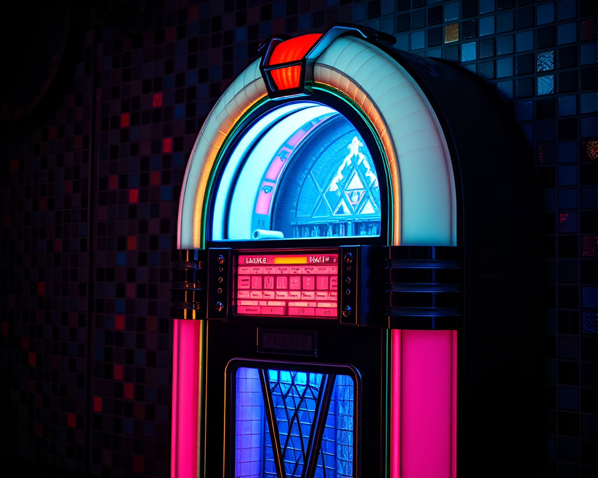 Retro Jukebox Silhouettes in Necromantic Tiled Mosaic – free AI stock image
