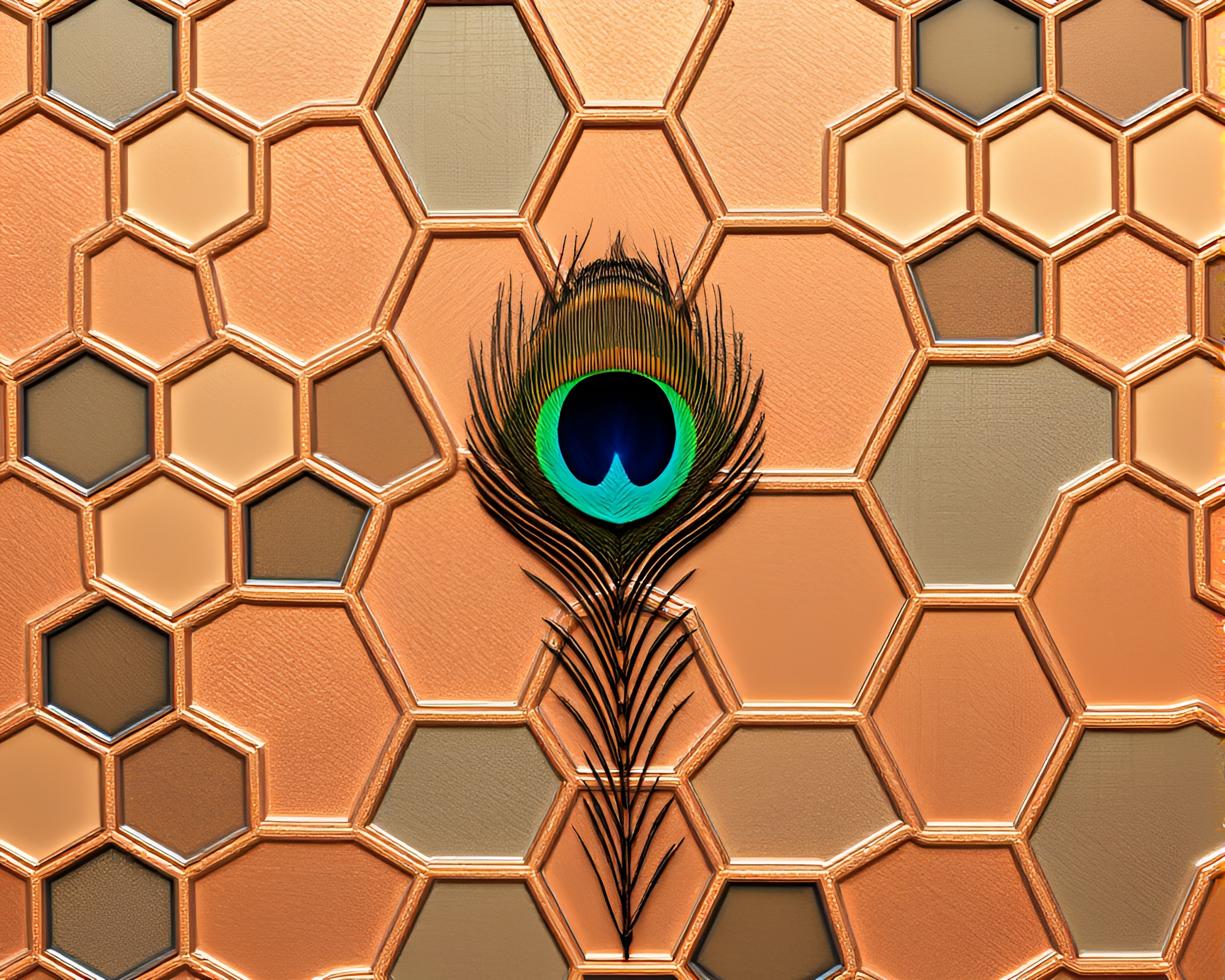 Peacock Feather Hexagonal Tiling in Rose Gold Utopia – free AI stock image