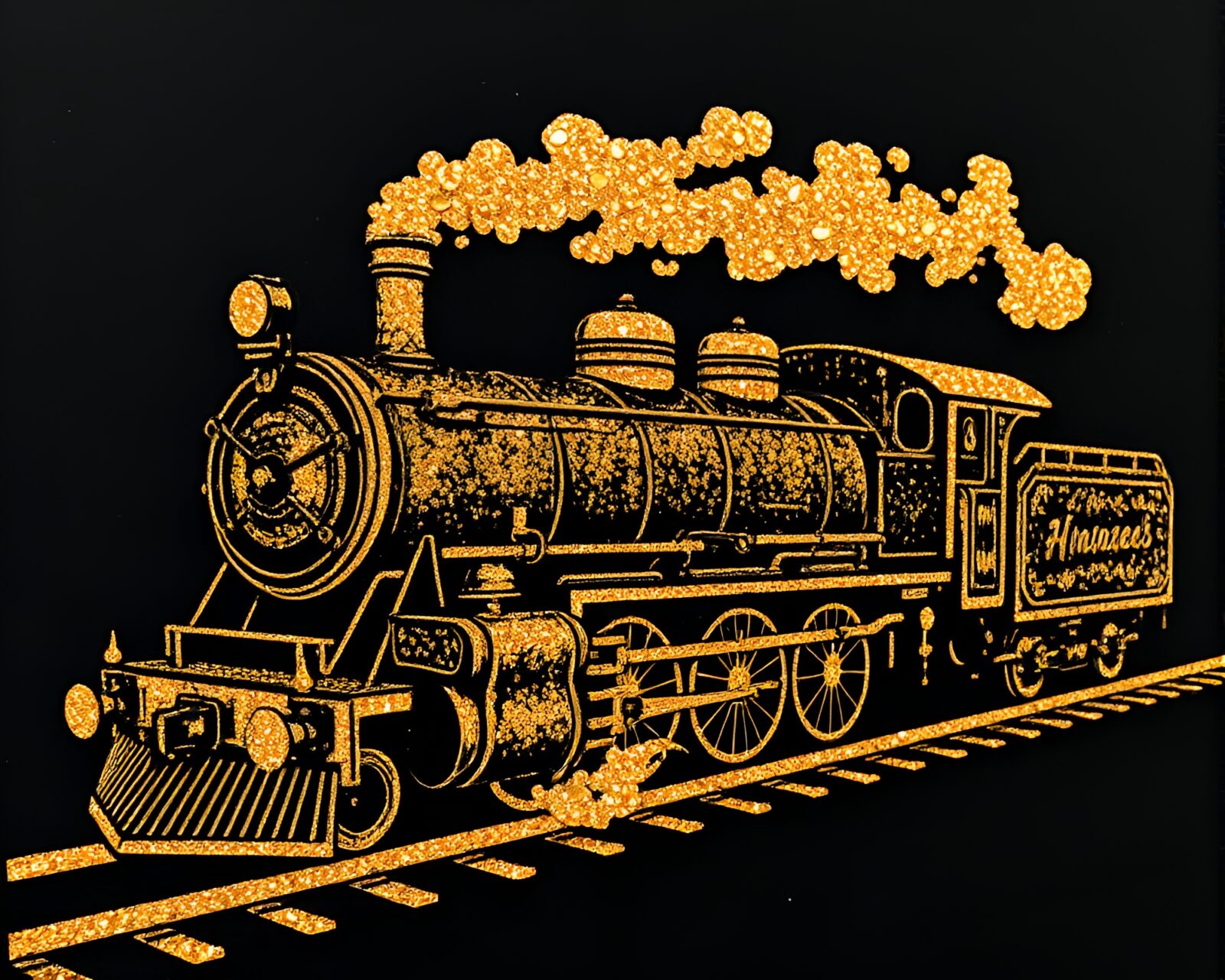 Shiny metallic steam train adorned with elegant calligraphy