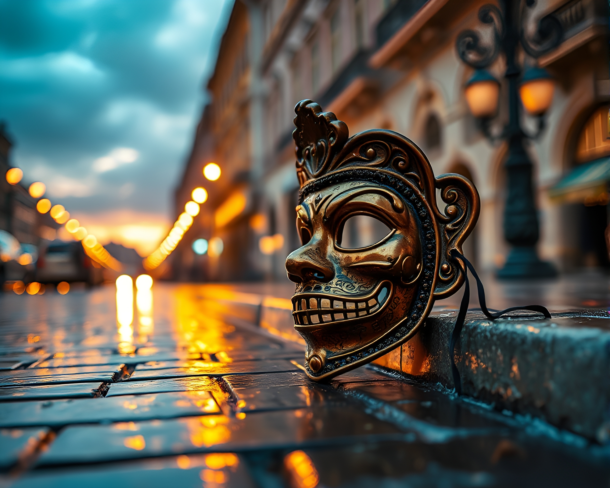 Mysterious Venetian Mask in Golden Hour Spotlight – free AI stock image